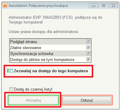 AeroAdmin - potwierdzenie połączenia